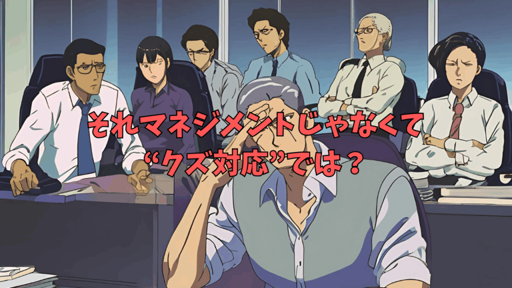 アニメスタイルの会議室で、上司が疲れた様子で座り、周囲の部下たちが不満顔で見守っているシーン。タイトルに "それマネジメントじゃなくて“クズ対応”では？" と書かれている。