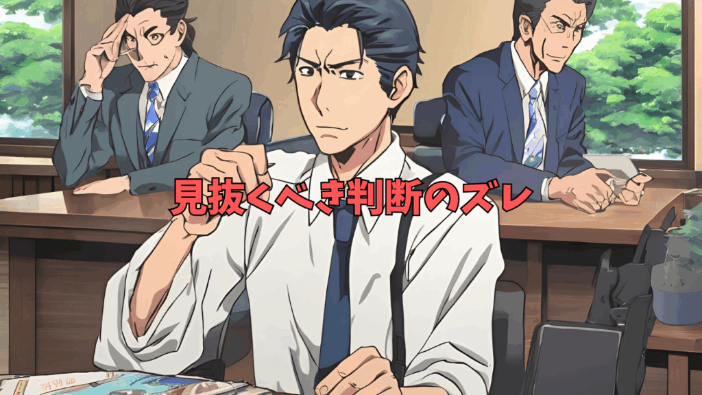 会議室で真剣な表情の男性が資料を見ながら考えているシーン。背景には別の二人の男性がそれぞれ異なる表情で座っている。手前に「見抜くべき判断のズレ」というテキストが表示されているアニメーションスタイルの画像。