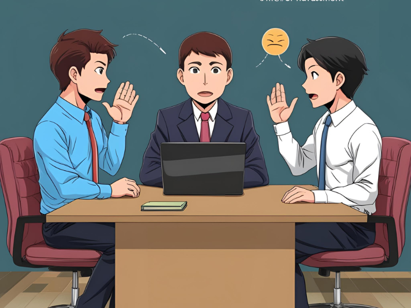 二人の男性が会議テーブルを囲んで話しているシーン。中央の男性は困惑した表情をし、左側の男性は話しかけている様子で、右側の男性も何かを伝えようとしている。テーブルにはノートパソコンとメモ帳が置かれている。