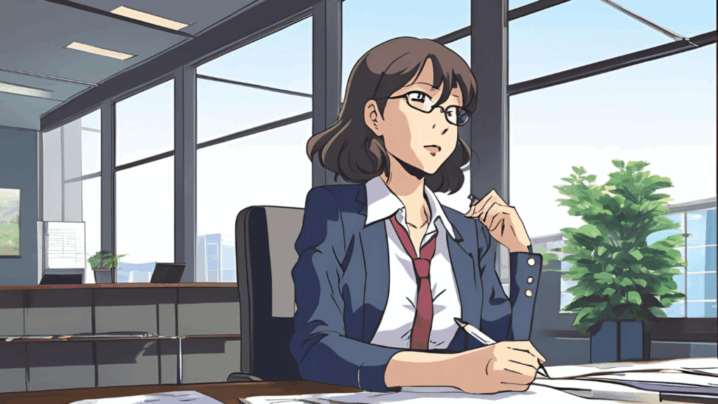 オフィスで考え事をする女性。スーツを着ており、白いシャツとネクタイを身につけている。背景には大きな窓と観葉植物がある。