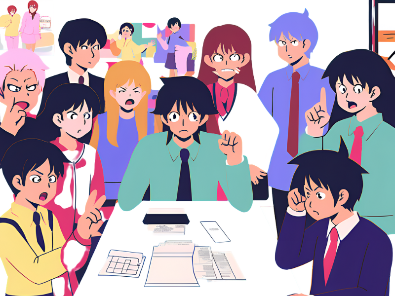 職場でのストレスを感じる若者たちが集まっているシーン。中央には緊張した表情の男性がいて、周囲の仲間たちが不満や怒りを表している様子。